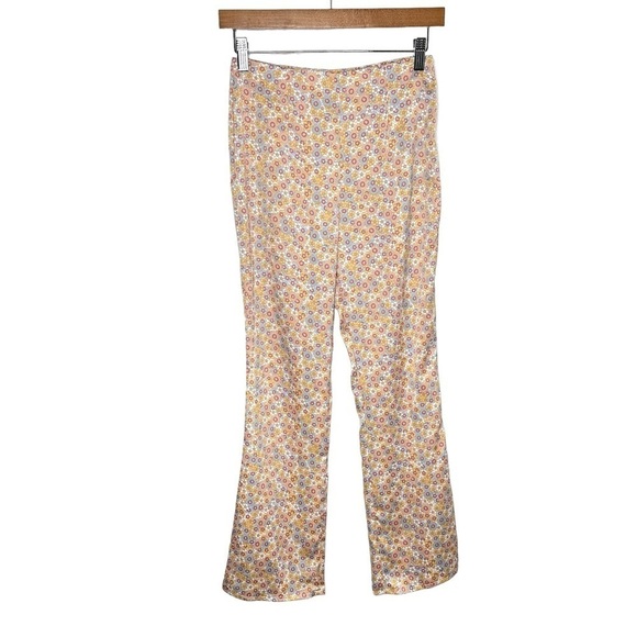 Zara Womens Floral Satin Pants Size Small Pink Blue Side Zip Flared Retro - Picture 1 of 5